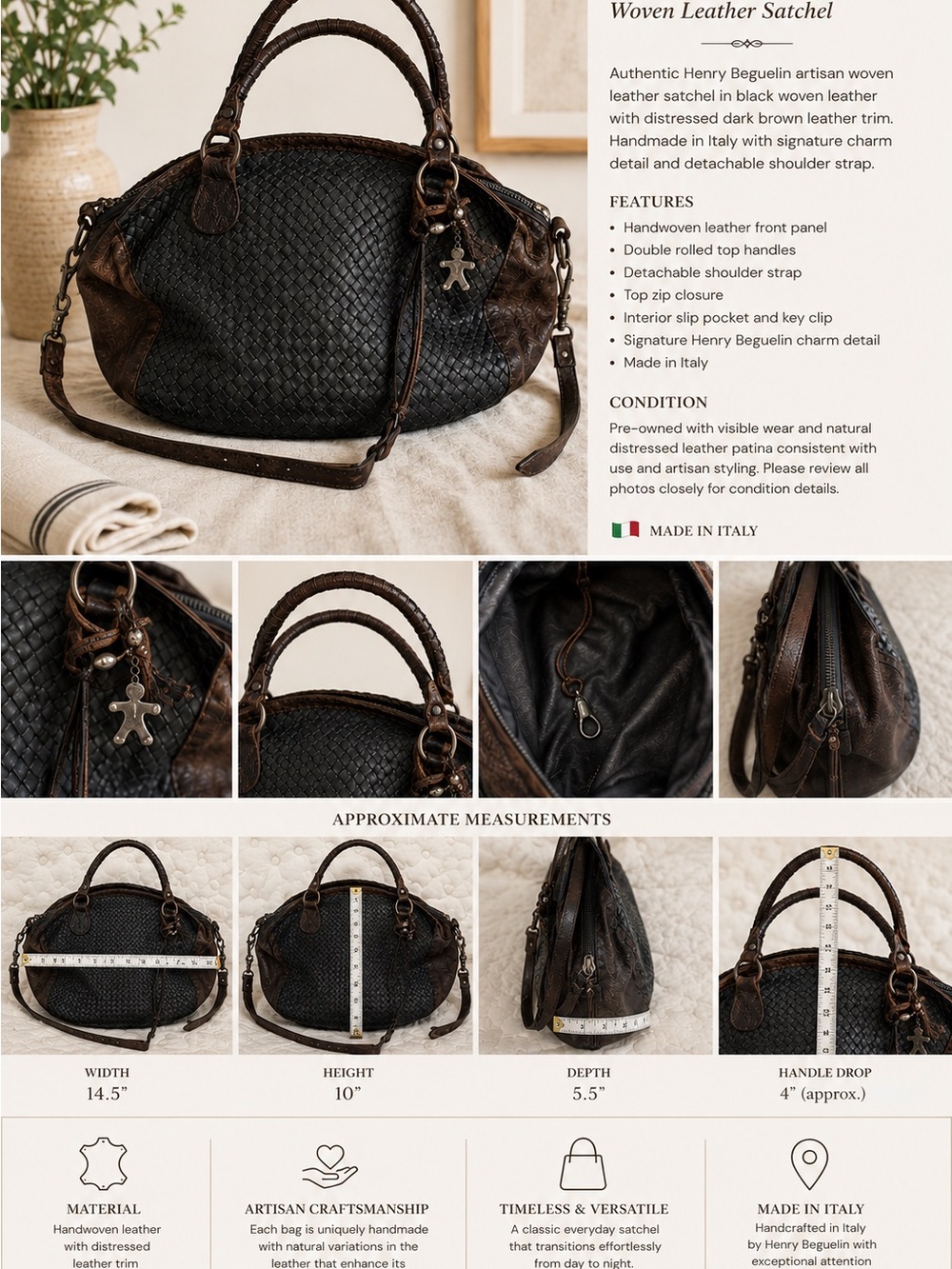 Black Woven Leather Satchel with Brown Trim